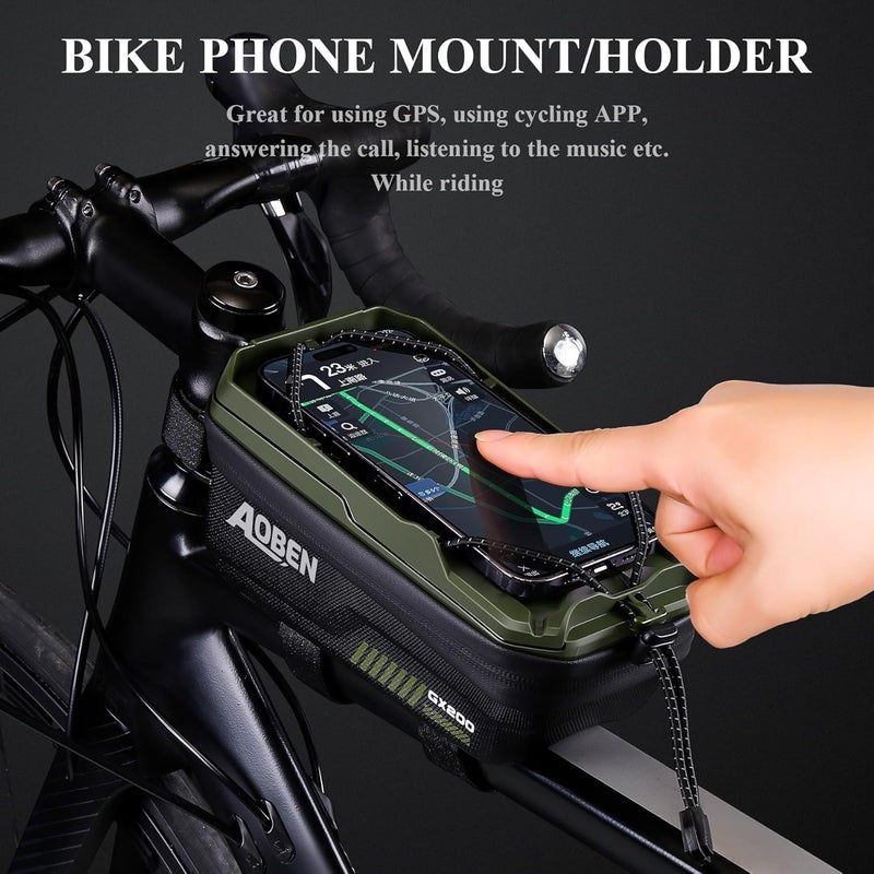 AOBEN Bike Bicycle Phone Front Frame Bag for Mountain Bike Road Bike, EVA Hard Casing Bike Phone Holder Bike Phone Mount for MTB, Bike Bicycle Accessories for Cell Phone Under 6.8 Inches (Army Green) - Image 3